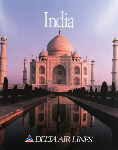 The Taj Mahal at sunset features prominently with India Travel Poster above and the Delta Airlines logo and name below. Poster print available in A1 to A4 sizes.