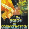 Vintage movie poster for the 1935 horror film The Bride of Frankenstein featuring the Bride with streaked hair, Frankensteins monster, and bold, stylized text. Lightning bolts appear in the background of this classic Frankenstein sequel. Movie poster print available in A1 to A4 sizes.
