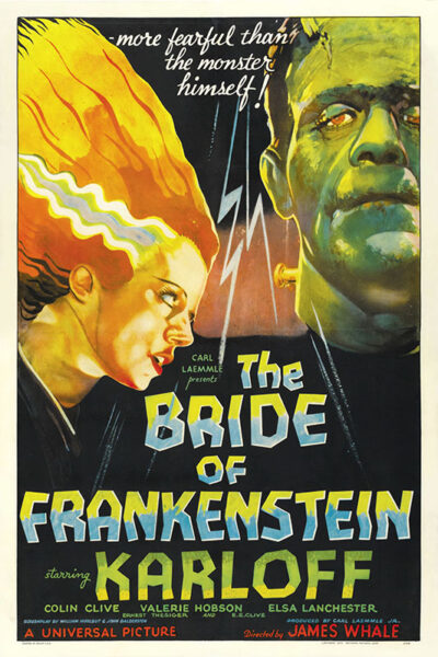 Vintage movie poster for the 1935 horror film The Bride of Frankenstein featuring the Bride with streaked hair, Frankensteins monster, and bold, stylized text. Lightning bolts appear in the background of this classic Frankenstein sequel. Movie poster print available in A1 to A4 sizes.