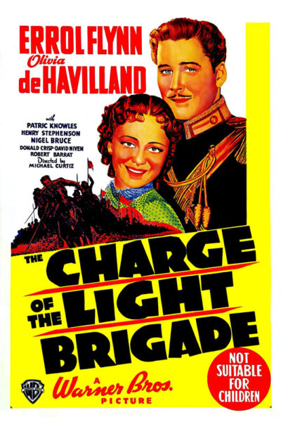 Poster for the historical drama Charge of the Light Brigade featuring illustrated portraits of two main characters and bold title text, with a warning label stating Not Suitable for Children. Movie poster print available in A1 to A4 sizes.