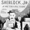 Black and white illustrated poster for the 1924 film Sherlock Jr. shows Buster Keaton holding a magnifying glass and a book titled How to Be a Detective among detective props. Movie poster print available in A1 to A4 sizes.