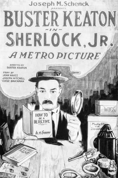 Black and white illustrated poster for the 1924 film Sherlock Jr. shows Buster Keaton holding a magnifying glass and a book titled How to Be a Detective among detective props. Movie poster print available in A1 to A4 sizes.