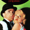 A man in a suit and bowler hat and a woman in a pink dress look up in fear as The Public Enemy—1931 film—title appears above them against a black and green background, evoking the tension of this classic gangster movie. Movie poster print available in A1 to A4 sizes.