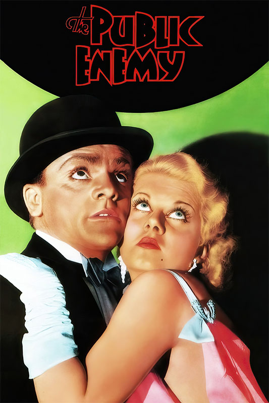 Product-Image_0003_The Public Enemy.jpg A man in a suit and bowler hat and a woman in a pink dress look up in fear as The Public Enemy—1931 film—title appears above them against a black and green background, evoking the tension of this classic gangster movie. Movie poster print available in A1 to A4 sizes.