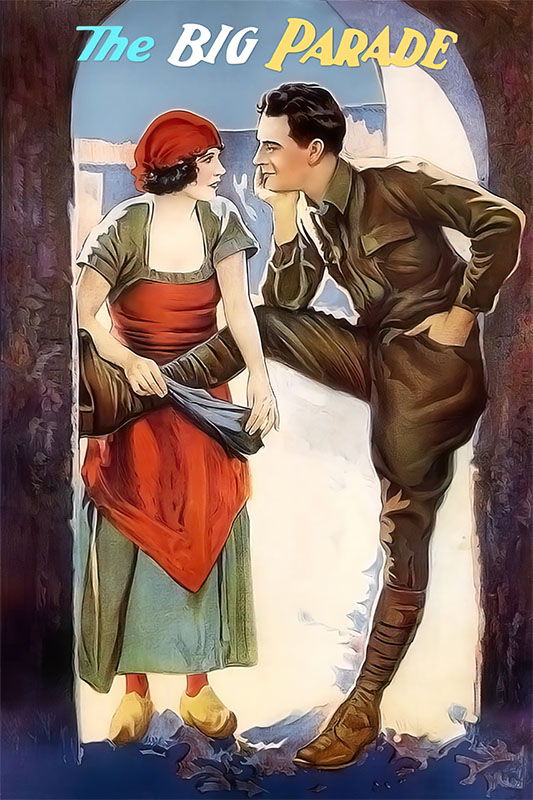Product-Image_0004_The Big Parade.jpg A soldier leans against a doorway, smiling at a woman in a red dress and headscarf. The 1925 film title The Big Parade appears at the top in colourful text. Movie poster print available in A1 to A4 sizes.