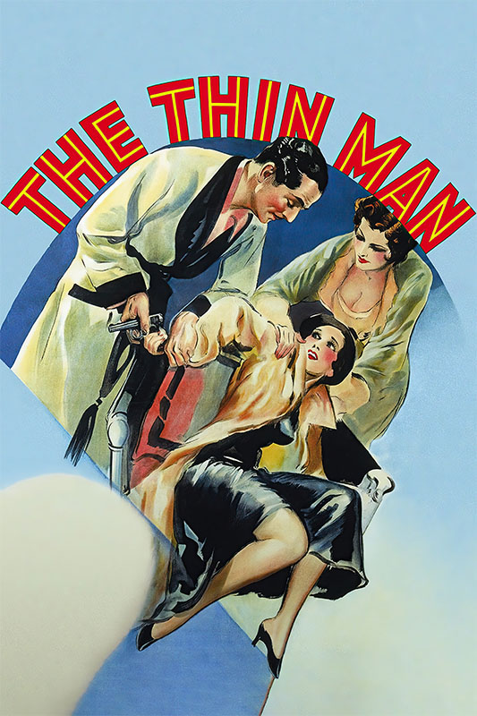Product-Image_0004_The Thin Man.jpg Movie poster for The Thin Man (1934) showing two people standing over a seated woman, with bold red and yellow title text above them on a blue background. Movie poster print available in A1 to A4 sizes.