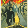 Poster for the 1920 German Expressionist film The Cabinet of Dr. Caligari, showing a shadowy figure looming over a lifeless woman, with distorted trees and a tilted streetlamp in the background. Movie poster print available in A1 to A4 sizes.