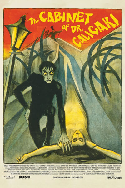 Poster for the 1920 German Expressionist film The Cabinet of Dr. Caligari, showing a shadowy figure looming over a lifeless woman, with distorted trees and a tilted streetlamp in the background. Movie poster print available in A1 to A4 sizes.