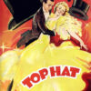 Poster for the 1935 film Top Hat featuring a man in a tuxedo and a woman in a yellow dress dancing, with top hats and musical notes in the background. Movie poster print available in A1 to A4 sizes.