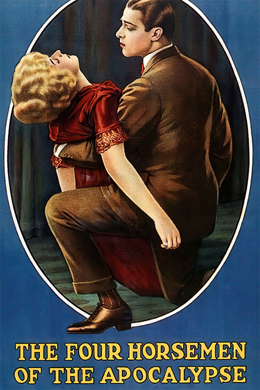Product-Image_0006_The Four Horsemen.jpg A man kneels while holding a fainting woman in his arms. The text below reads: The Four Horsemen of the Apocalypse, highlighting a dramatic scene from the 1921 film. Movie poster print available in A1 to A4 sizes.