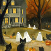 Four black cats sit among carved pumpkins in a yard decorated with ghost figures for Halloween, in front of a lit-up house with autumn trees and a dark sky—like a scene from a vintage poster. A1 to A4 poster print.