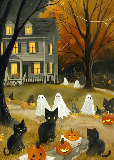 Four black cats sit among carved pumpkins in a yard decorated with ghost figures for Halloween, in front of a lit-up house with autumn trees and a dark sky—like a scene from a vintage poster. A1 to A4 poster print.