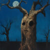 A leafless tree with a sad face-shaped trunk stands under a full moon against a dark blue night sky, surrounded by other bare trees, creating a Vintage Poster vibe perfect for Halloween. A1 to A4 poster print.