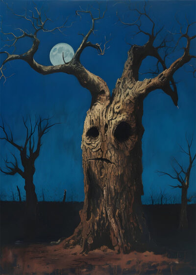 A leafless tree with a sad face-shaped trunk stands under a full moon against a dark blue night sky, surrounded by other bare trees, creating a Vintage Poster vibe perfect for Halloween. A1 to A4 poster print.
