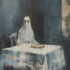 A figure in a ghost costume sits alone at a table with a pizza, in a dimly lit room with dark, streaky walls and a stained tablecloth—like a scene from an old Halloween vintage poster. A1 to A4 poster print.
