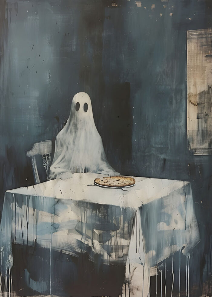 halloween - 260 A figure in a ghost costume sits alone at a table with a pizza, in a dimly lit room with dark, streaky walls and a stained tablecloth—like a scene from an old Halloween vintage poster. A1 to A4 poster print.