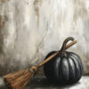 A small broom rests against a dark pumpkin on a wooden surface, evoking a vintage poster vibe, set before a textured, neutral-colored background—perfect for Halloween décor. A1 to A4 poster print.