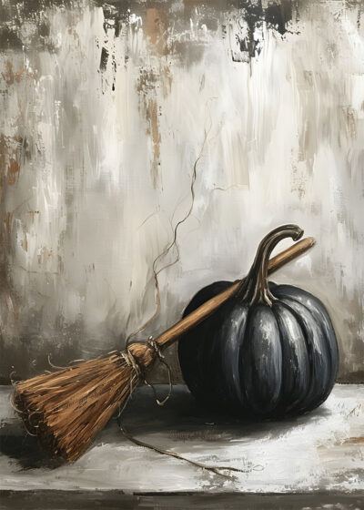 A small broom rests against a dark pumpkin on a wooden surface, evoking a vintage poster vibe, set before a textured, neutral-colored background—perfect for Halloween décor. A1 to A4 poster print.