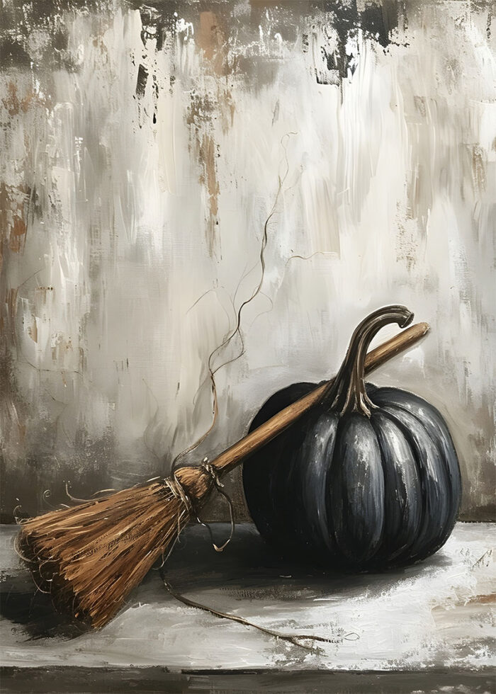 halloween - 260 A small broom rests against a dark pumpkin on a wooden surface, evoking a vintage poster vibe, set before a textured, neutral-colored background—perfect for Halloween décor. A1 to A4 poster print.