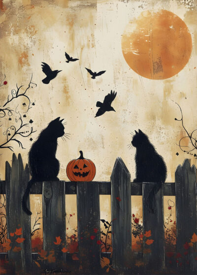 Two black cats sit on a wooden fence beside a carved pumpkin, with birds flying and a large orange moon in the sky. Autumn leaves and branches frame this enchanting Halloween scene, evoking the charm of a vintage poster. A1 to A4 poster print.