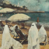 People dressed as ghosts in white sheets with black eye holes relax on a beach under umbrellas, creating a playful Halloween scene with others and buildings visible in the background, like a quirky vintage poster come to life. A1 to A4 poster print.
