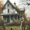 A vintage poster come to life: an old, weathered house with peeling paint sits among autumn trees. A black cat lounges by a pumpkin-headed scarecrow and jack-o’-lantern, while bats soar overhead—perfect for Halloween. A1 to A4 poster print.