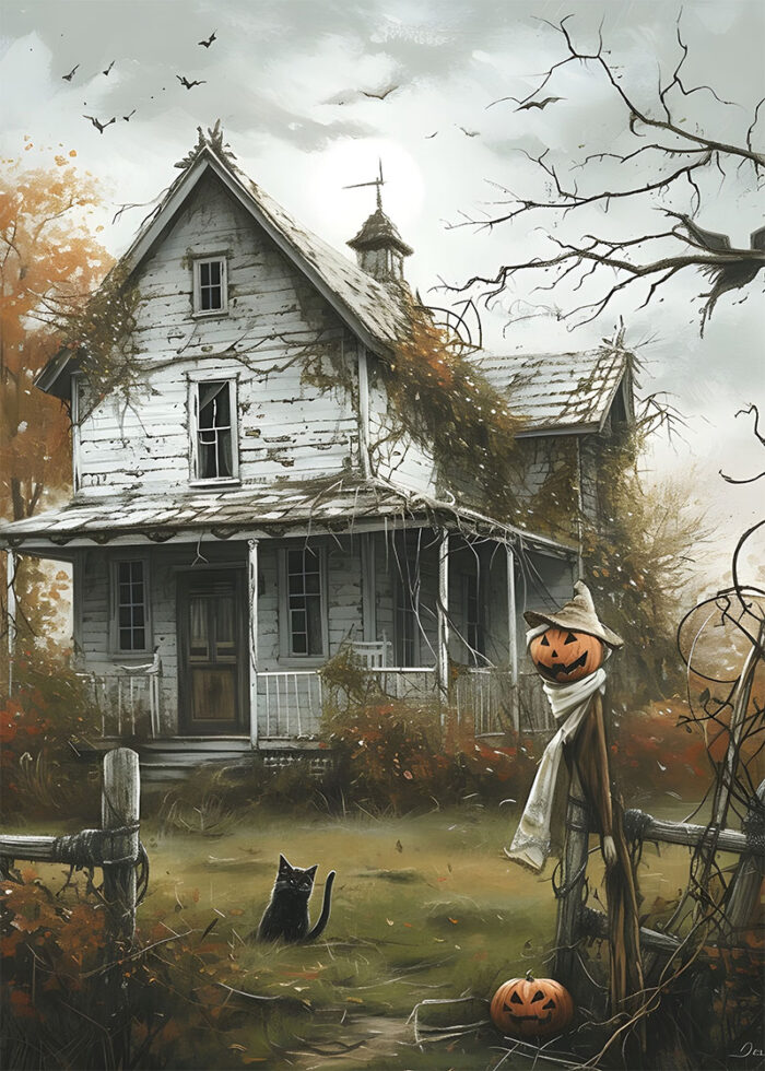 halloween - 260 A vintage poster come to life: an old, weathered house with peeling paint sits among autumn trees. A black cat lounges by a pumpkin-headed scarecrow and jack-o’-lantern, while bats soar overhead—perfect for Halloween. A1 to A4 poster print.