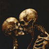 Two human skeletons face each other closely, appearing to share a kiss against a dark background—an evocative scene reminiscent of a vintage poster, perfect for setting a hauntingly romantic Halloween mood. A1 to A4 poster print.