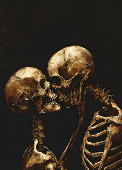 Two human skeletons face each other closely, appearing to share a kiss against a dark background—an evocative scene reminiscent of a vintage poster, perfect for setting a hauntingly romantic Halloween mood. A1 to A4 poster print.