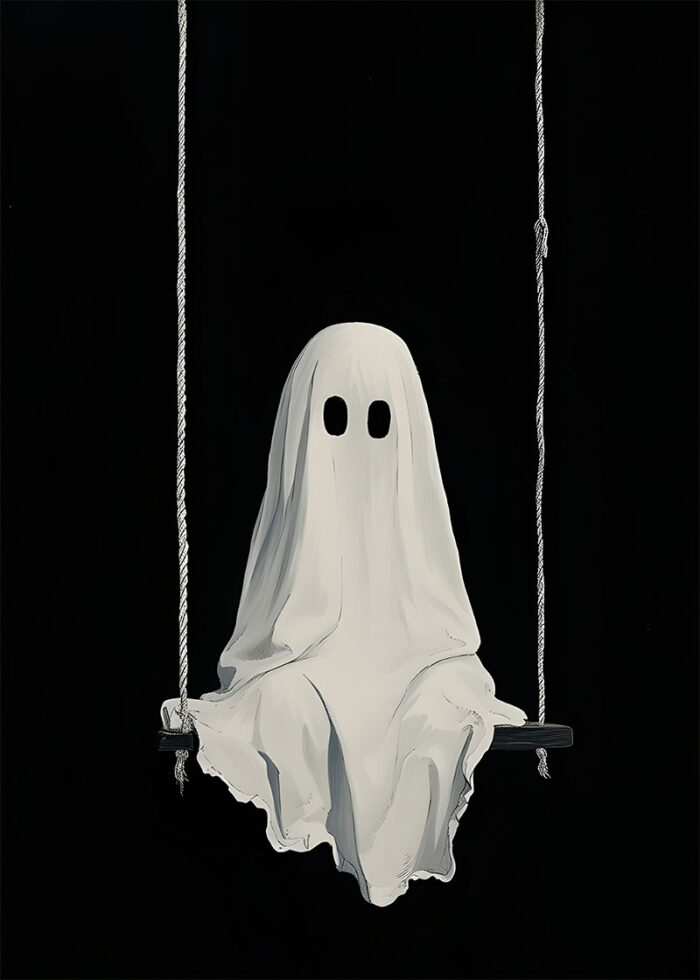 halloween - 260 A figure covered in a white sheet with eye holes sits on a swing against a black background, evoking the nostalgic charm of a vintage poster and capturing the eerie spirit of Halloween. A1 to A4 poster print.