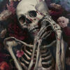 A human skeleton lies among various flowers and plants, evoking a vintage poster vibe, with one hand touching its face and the other resting on its chest—perfect for a haunting Halloween scene. A1 to A4 poster print.