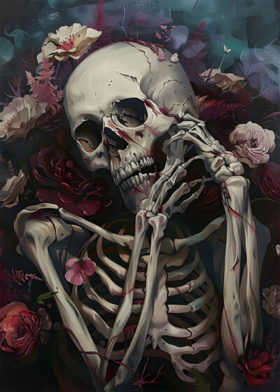 A human skeleton lies among various flowers and plants, evoking a vintage poster vibe, with one hand touching its face and the other resting on its chest—perfect for a haunting Halloween scene. A1 to A4 poster print.