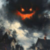 A dark, ominous cloud with glowing orange eyes and mouth looms over a rural village with a dirt road and old houses, evoking a vintage poster perfect for Halloween. A1 to A4 poster print.