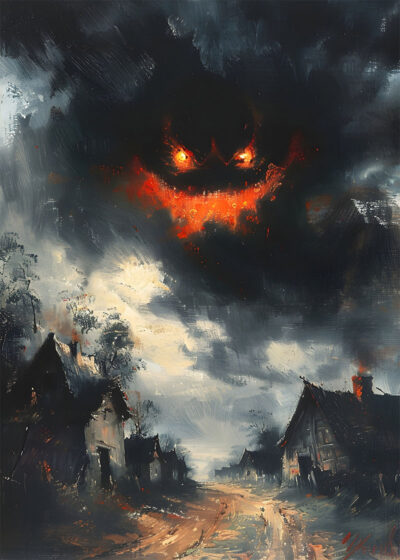 A dark, ominous cloud with glowing orange eyes and mouth looms over a rural village with a dirt road and old houses, evoking a vintage poster perfect for Halloween. A1 to A4 poster print.