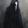 A figure wearing a dark hooded cloak and a white plague doctor mask with a long beak stands against a grey, textured background, evoking the eerie vibe of a vintage poster perfect for Halloween. A1 to A4 poster print.