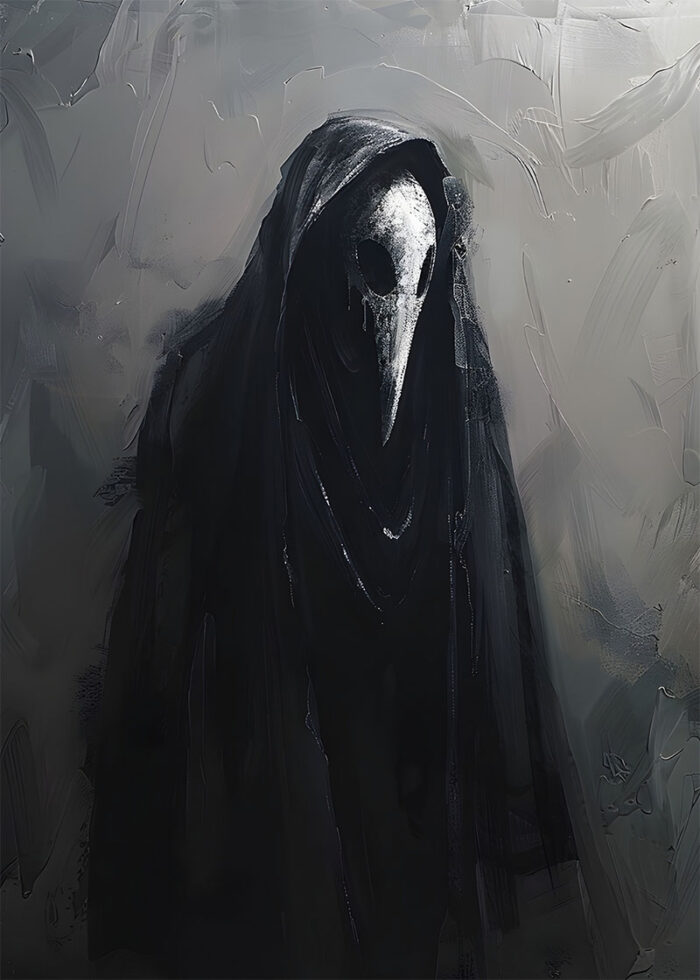 halloween - 260 A figure wearing a dark hooded cloak and a white plague doctor mask with a long beak stands against a grey, textured background, evoking the eerie vibe of a vintage poster perfect for Halloween. A1 to A4 poster print.