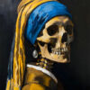 A skeleton wearing a blue and yellow headscarf and a pearl earring, posed like Vermeer’s Girl with a Pearl Earring, stands against a dark background—perfect as a vintage Halloween poster. A1 to A4 poster print.