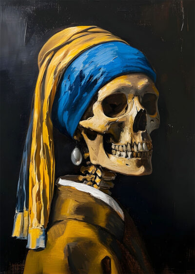 A skeleton wearing a blue and yellow headscarf and a pearl earring, posed like Vermeer’s Girl with a Pearl Earring, stands against a dark background—perfect as a vintage Halloween poster. A1 to A4 poster print.