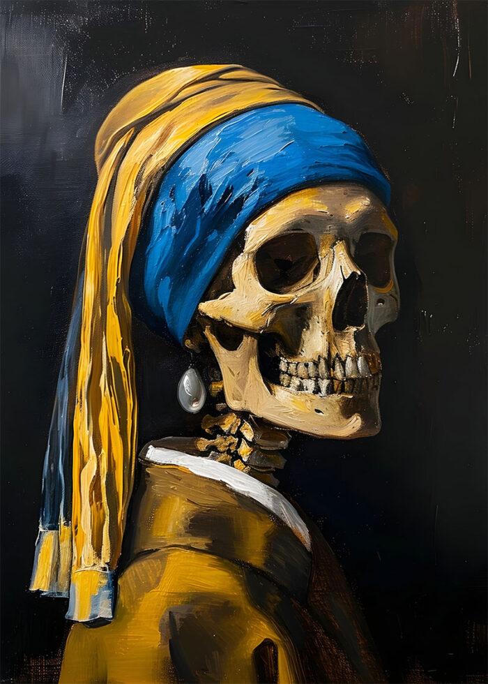 halloween - 260 A skeleton wearing a blue and yellow headscarf and a pearl earring, posed like Vermeer’s Girl with a Pearl Earring, stands against a dark background—perfect as a vintage Halloween poster. A1 to A4 poster print.
