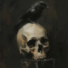 A black crow is perched on top of a human skull against a dark, shadowy background, creating a haunting scene perfect for a vintage poster or Halloween decor. A1 to A4 poster print.
