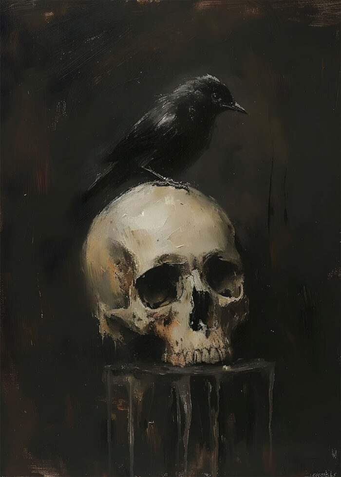 halloween - 260 A black crow is perched on top of a human skull against a dark, shadowy background, creating a haunting scene perfect for a vintage poster or Halloween decor. A1 to A4 poster print.