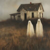 Two figures dressed as ghosts stand in tall grass before an old, abandoned house under a cloudy sky, evoking the eerie charm of a vintage poster perfect for Halloween. A1 to A4 poster print.