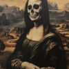 A Halloween-inspired reinterpretation of the Mona Lisa, featuring a human skeleton’s skull in place of her face, while preserving the original background and iconic vintage poster pose. A1 to A4 poster print.