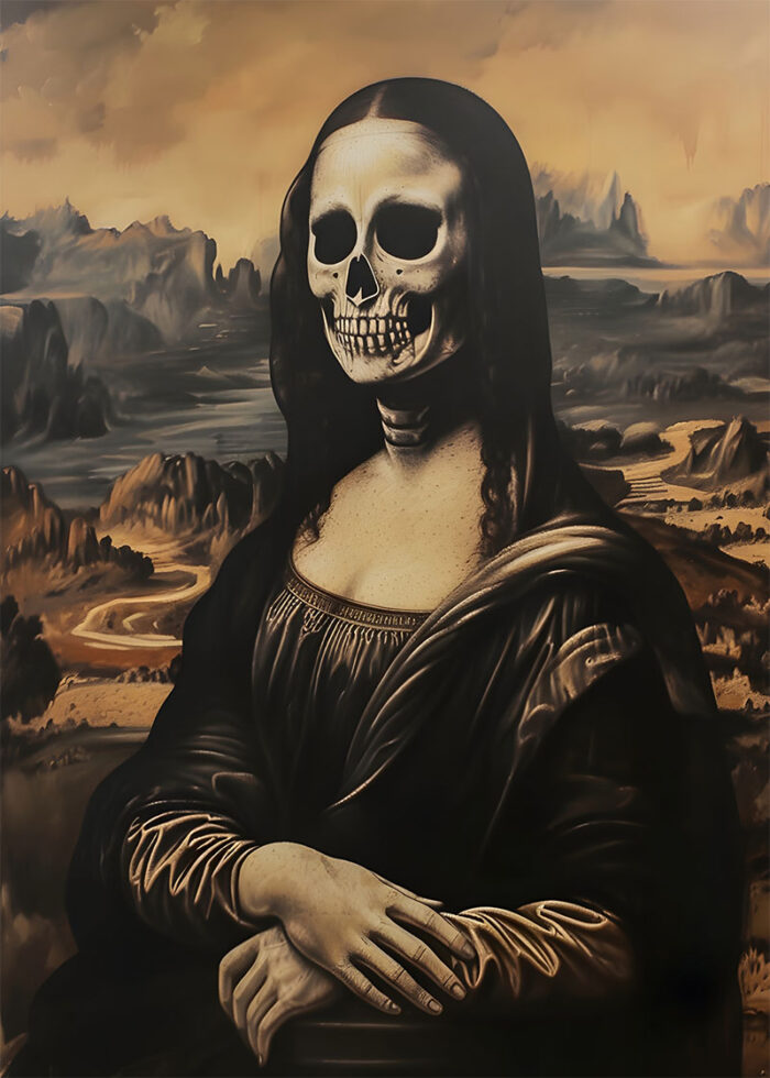 halloween - 260 A Halloween-inspired reinterpretation of the Mona Lisa, featuring a human skeleton’s skull in place of her face, while preserving the original background and iconic vintage poster pose. A1 to A4 poster print.