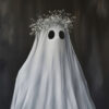 A person is covered in a white sheet with two eye holes, resembling a ghost, and wears a crown made of small white flowers. The dark, blurred background gives this Halloween scene the feel of a vintage poster. A1 to A4 poster print.