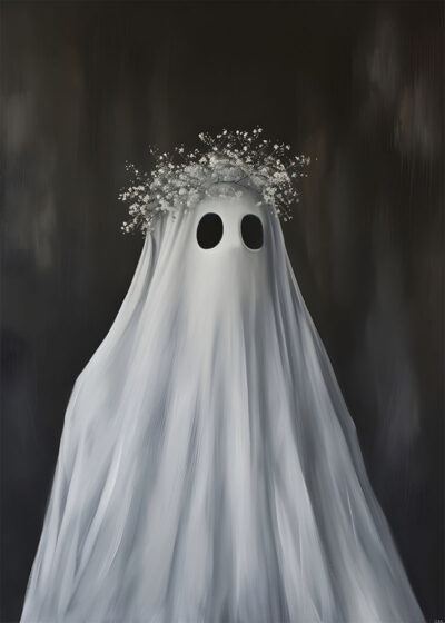 A person is covered in a white sheet with two eye holes, resembling a ghost, and wears a crown made of small white flowers. The dark, blurred background gives this Halloween scene the feel of a vintage poster. A1 to A4 poster print.