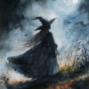 A witch in a dark cloak and pointed hat stands in a misty, moonlit landscape with bats flying in the sky, evoking the eerie charm of a vintage Halloween poster. A1 to A4 poster print.