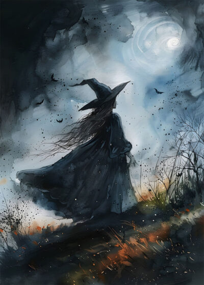 A witch in a dark cloak and pointed hat stands in a misty, moonlit landscape with bats flying in the sky, evoking the eerie charm of a vintage Halloween poster. A1 to A4 poster print.