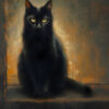 A black cat with yellow eyes sits upright on a ledge against a dark, softly glowing background, evoking the mysterious charm of a vintage poster perfect for Halloween. A1 to A4 poster print.