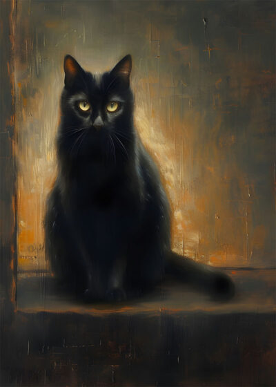 A black cat with yellow eyes sits upright on a ledge against a dark, softly glowing background, evoking the mysterious charm of a vintage poster perfect for Halloween. A1 to A4 poster print.